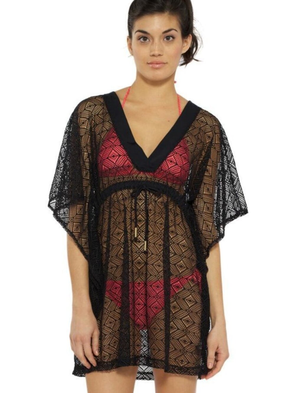 Ella Moss Tunic Cover Up Black em81112 Vintage Crochet Print V-Neck NWT